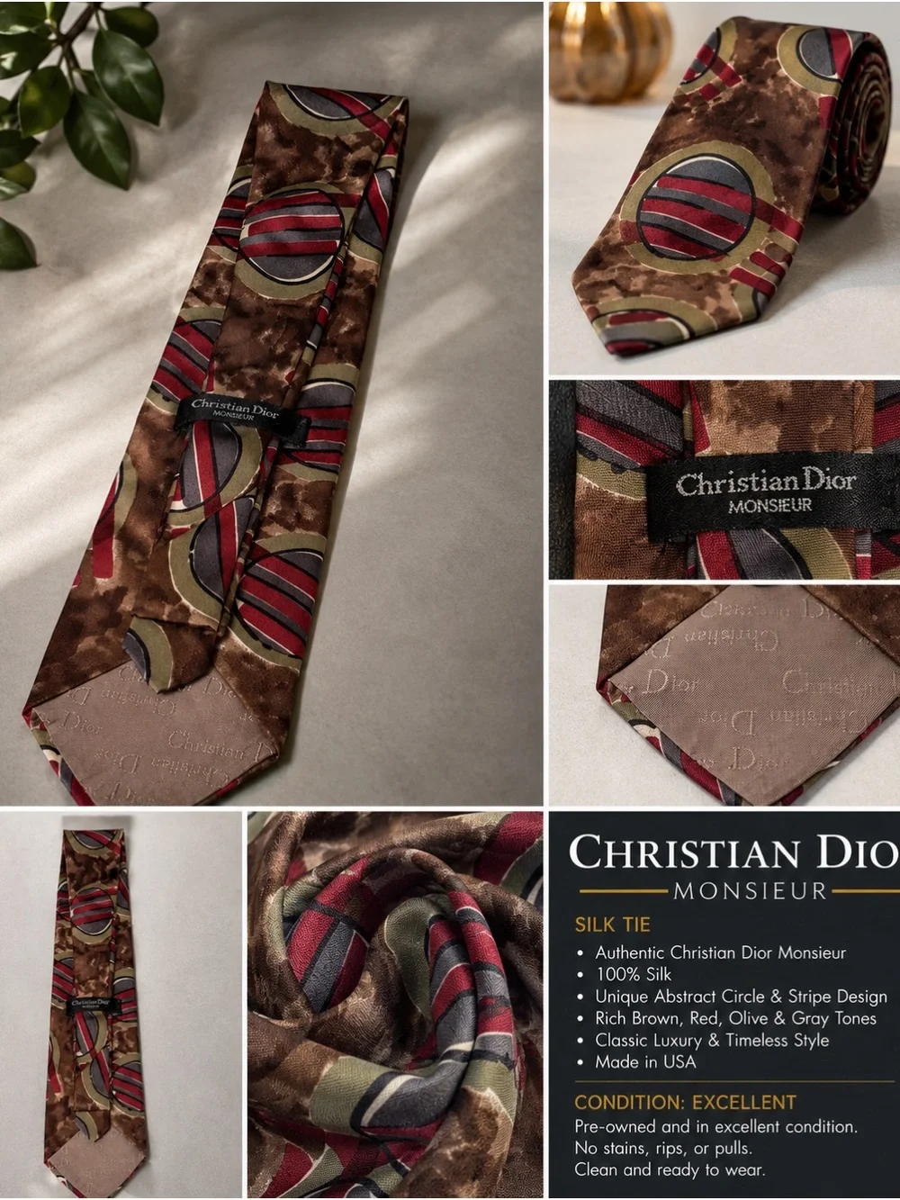 Dior Brown Tie with Red and Olive Abstract Circles